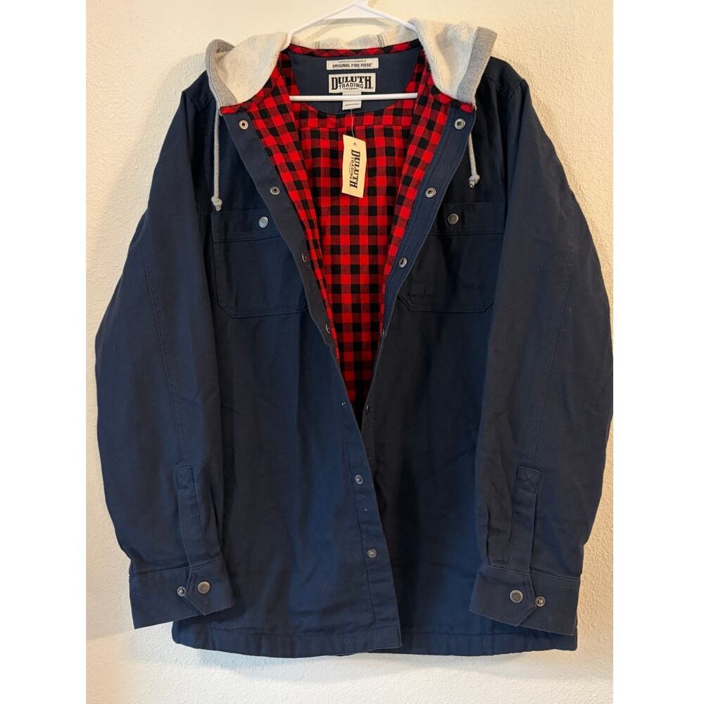 Duluth Trading Co Men’s Medium Original Fire Hose Hooded Shirt Jacket NWT Navy